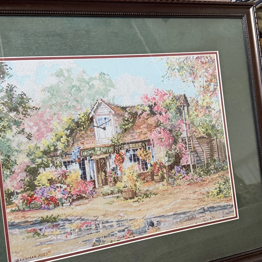 Vintage Needle Point Cross Stitch Art Framed 18x21